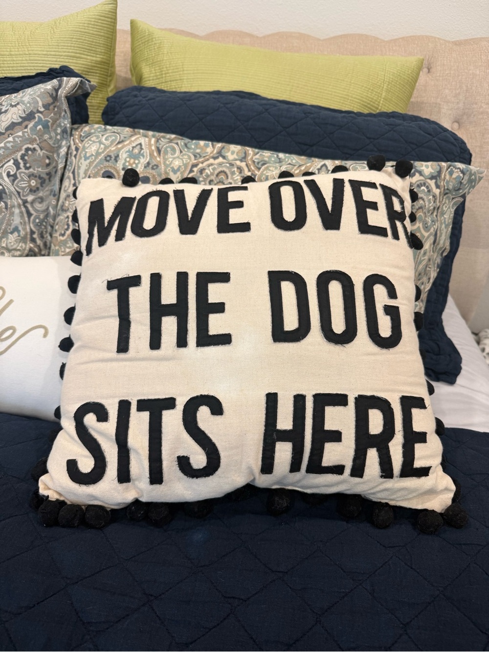 Glory Haus "Move Over The Dog Sits Here" Cotton Gingham Pom-Pom Throw Pillow